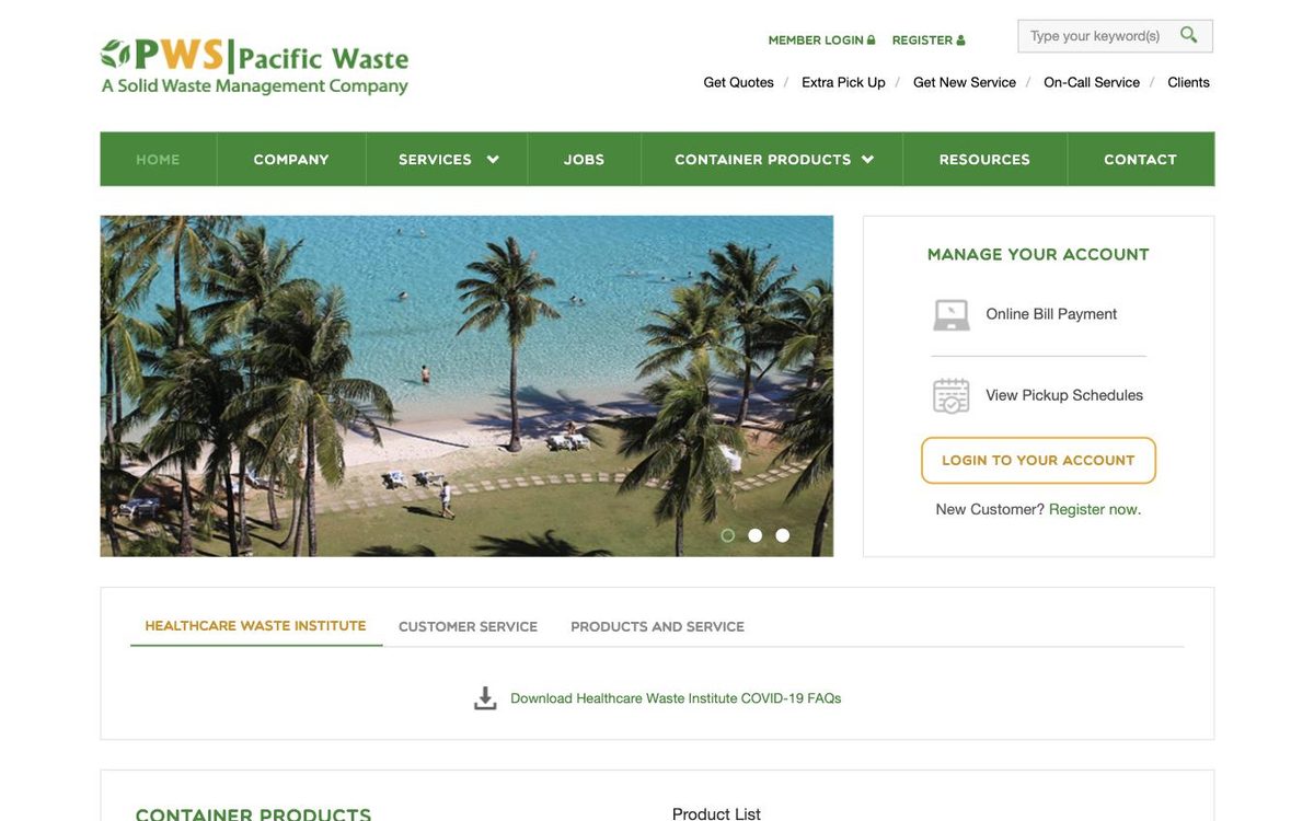 Pacific Waste Systems website — homepage view